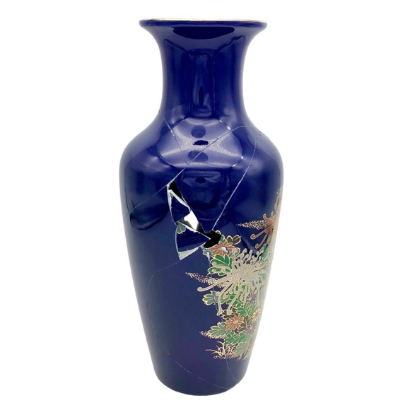 Coming Soon! Kintsugi Vase 12” Cobalt Floral Japanese Gold Crack Growth Gift - Picture 2 of 7